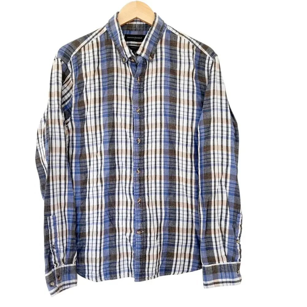 Banana Republic Blue Black White Plaid Button Down Sz L